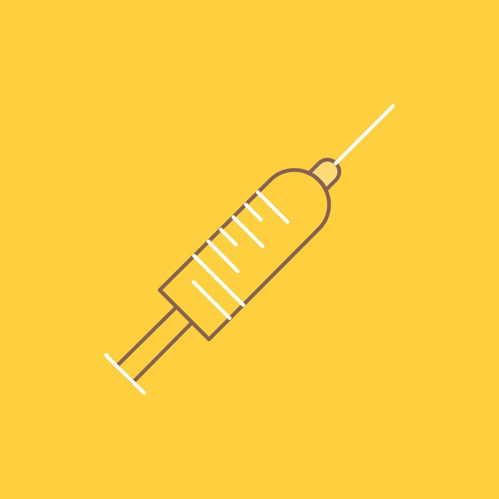syringe. injection. vaccine. needle. shot Flat Line Filled Icon. Beautiful Logo button over yellow background for UI and UX. website or mobile application vector