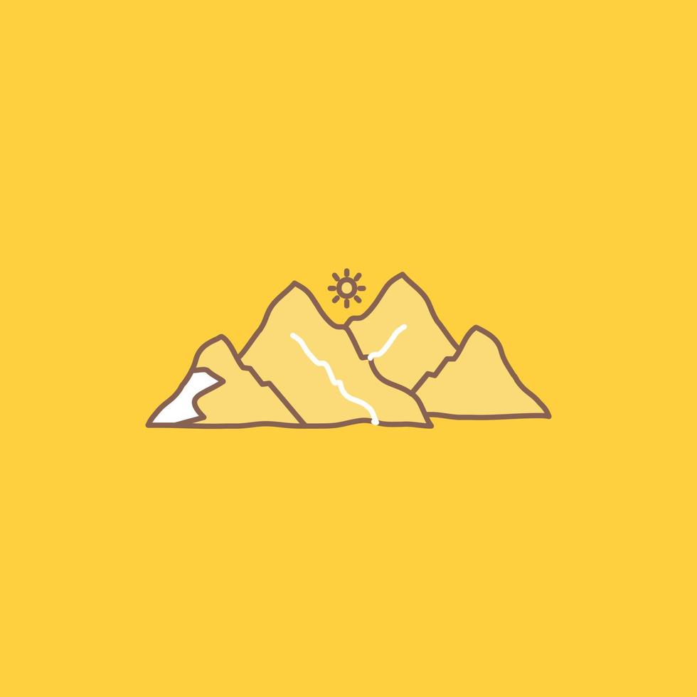 montaña. paisaje. Cerro. naturaleza. icono lleno de línea plana de escena. hermoso botón de logotipo sobre fondo amarillo para ui y ux. sitio web o aplicación móvil vector