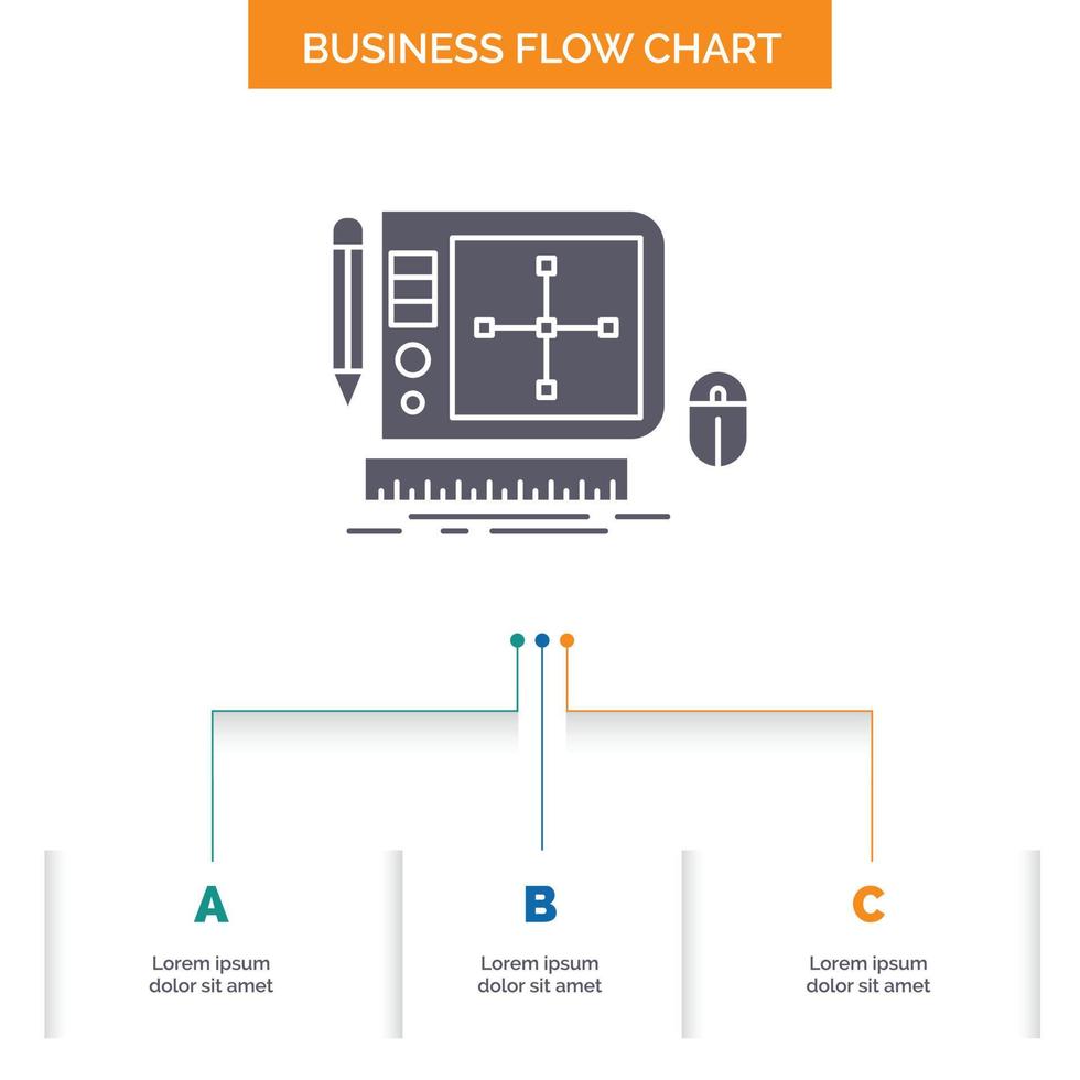 design. Graphic. Tool. Software. web Designing Business Flow Chart Design with 3 Steps. Glyph Icon For Presentation Background Template Place for text. vector
