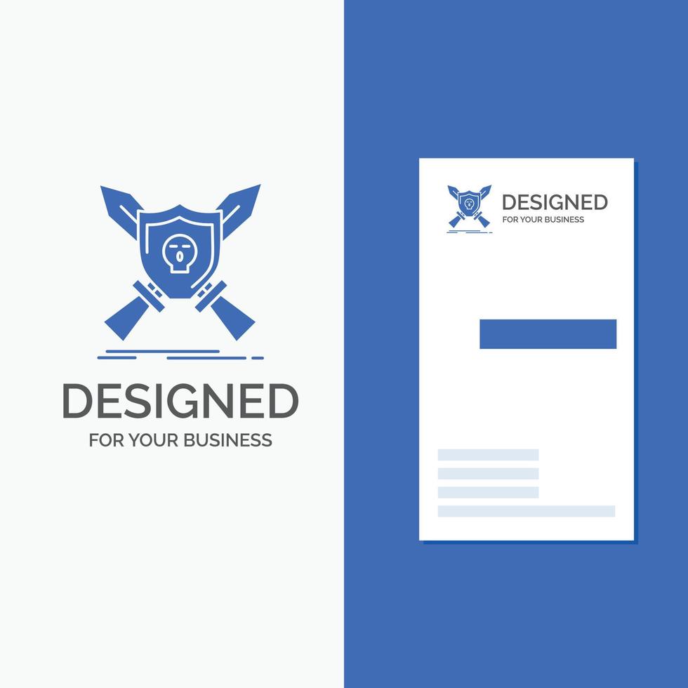 logotipo de empresa para placa. emblema. juego. escudo. espadas plantilla de tarjeta de visita de negocio azul vertical. vector