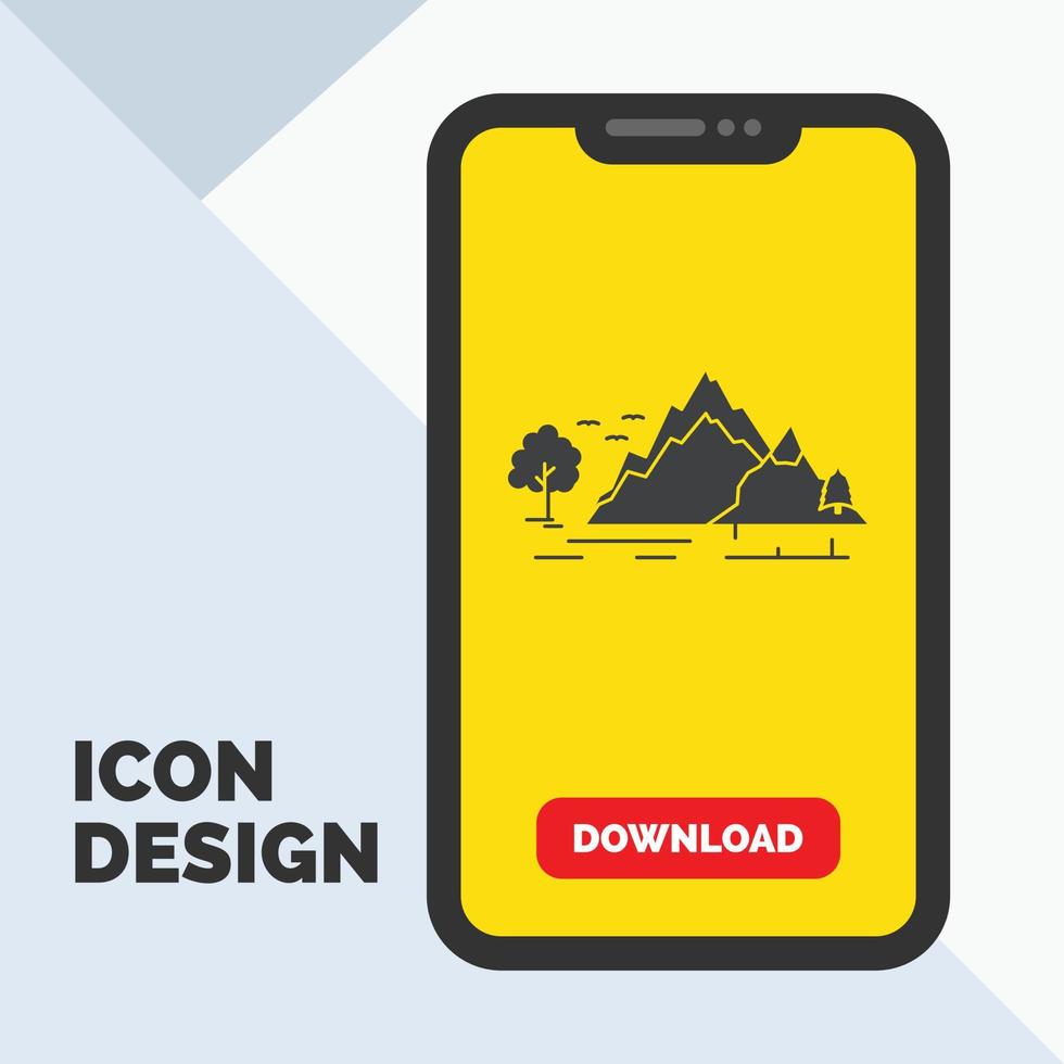 Cerro. paisaje. naturaleza. montaña. icono de glifo de árbol en el móvil para la página de descarga. fondo amarillo vector