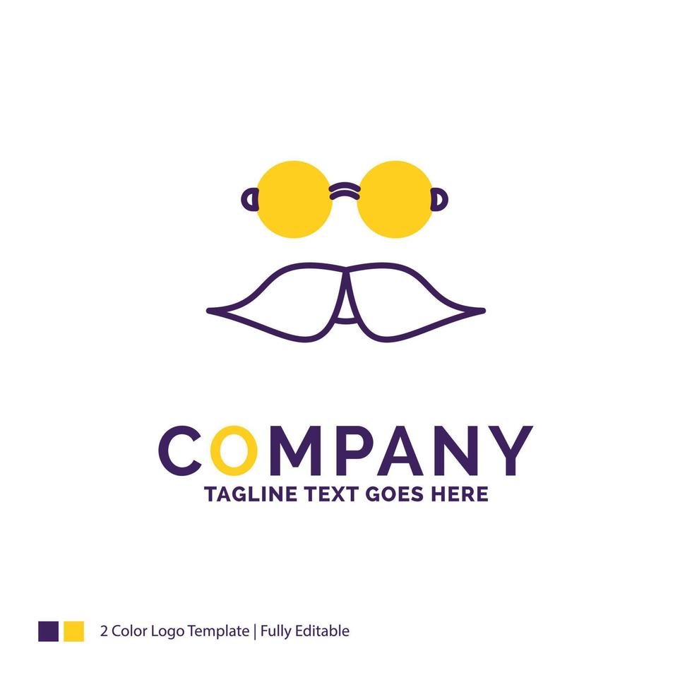 Company Name Logo Design For moustache. Hipster. movember. glasses. men. Purple and yellow Brand Name Design with place for Tagline. Creative Logo template for Small and Large Business. vector