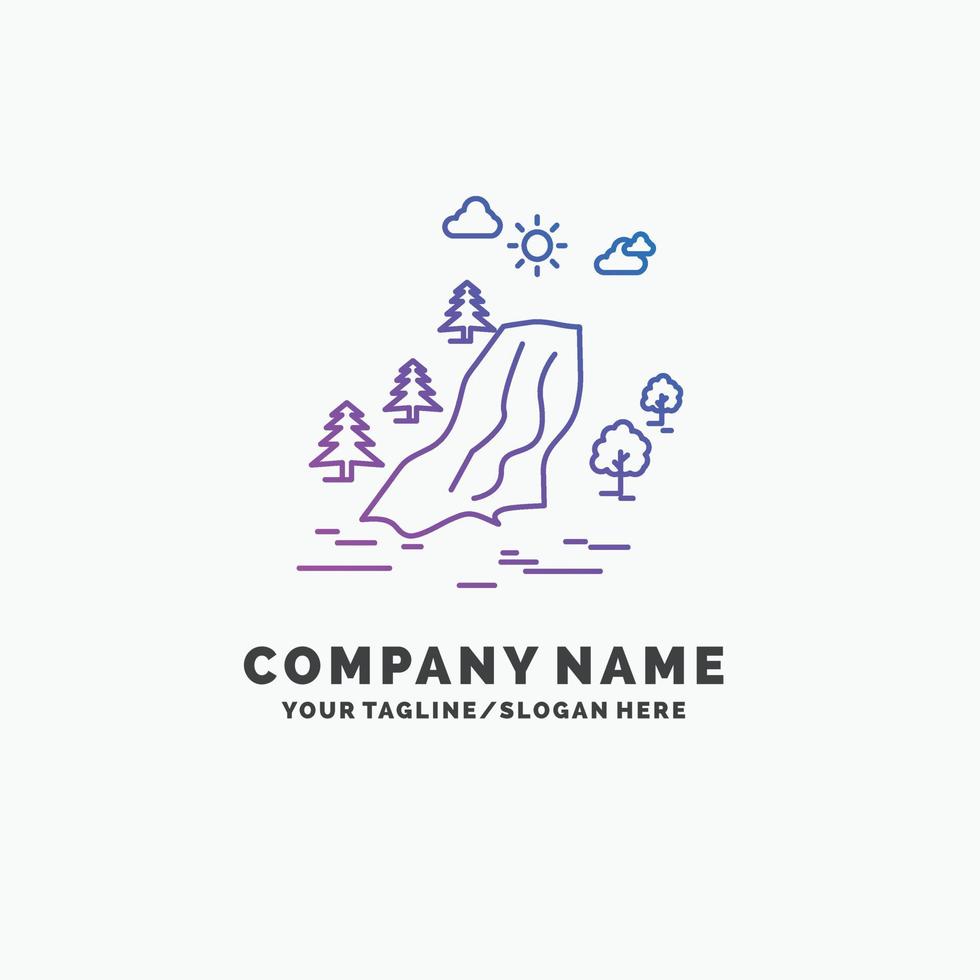 waterfall. tree. pain. clouds. nature Purple Business Logo Template. Place for Tagline vector