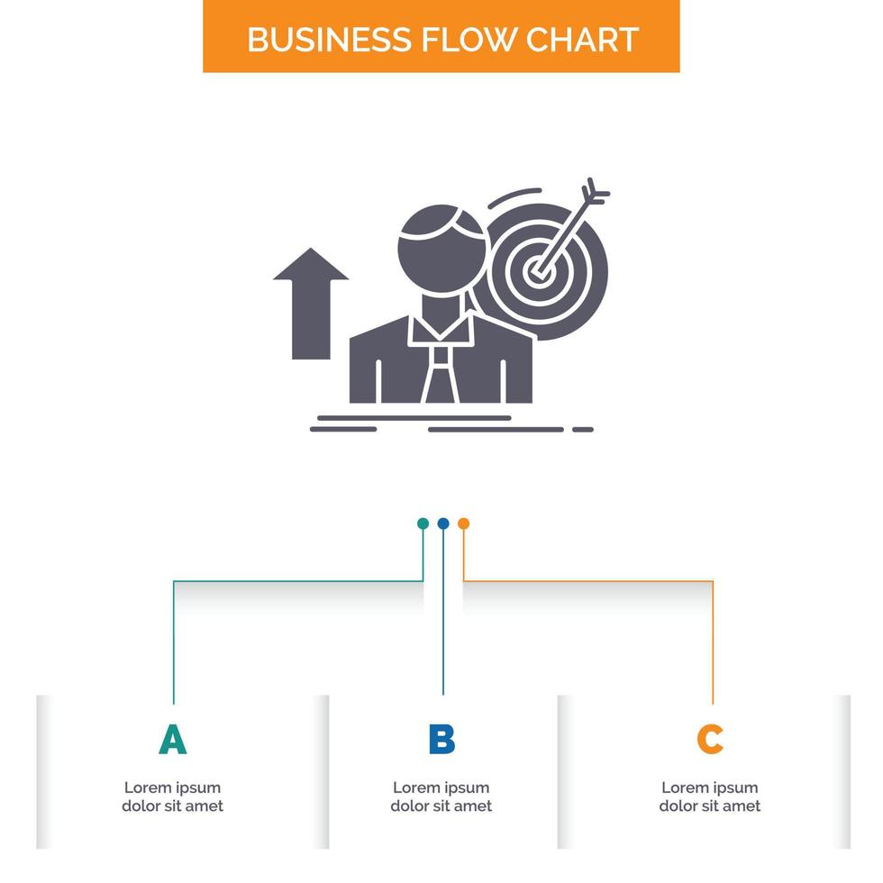 success. user. target. achieve. Growth Business Flow Chart Design with 3 Steps. Glyph Icon For Presentation Background Template Place for text. vector