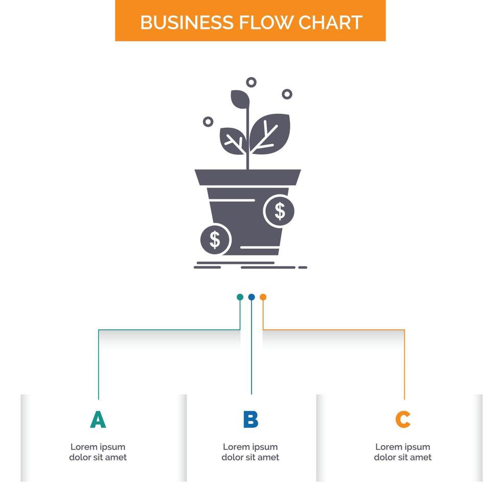 dollar. growth. pot. profit. business Business Flow Chart Design with 3 Steps. Glyph Icon For Presentation Background Template Place for text. vector