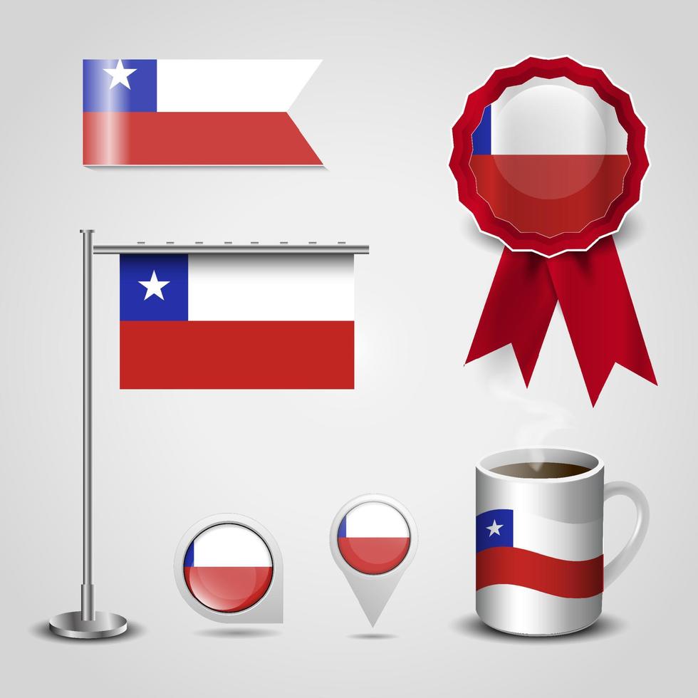 lugar de la bandera de país de chile en el pin del mapa. poste de acero y banner de insignia de cinta vector