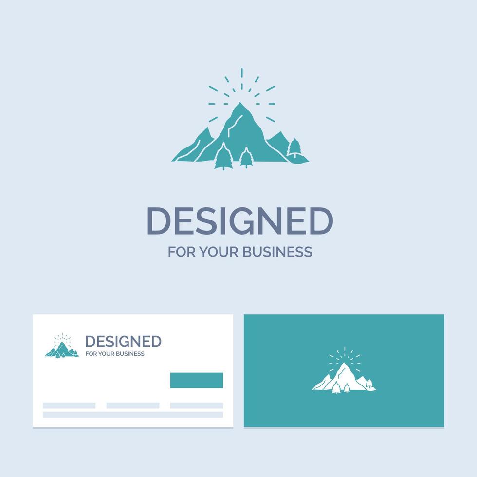 Cerro. paisaje. naturaleza. montaña. símbolo de icono de glifo de logotipo de negocio de fuegos artificiales para su negocio. tarjetas de visita turquesas con plantilla de logotipo de marca. vector