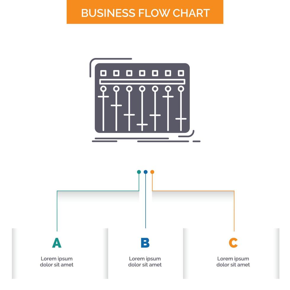 consola. DJ. mezclador. música. diseño de diagrama de flujo de negocios de estudio con 3 pasos. icono de glifo para el lugar de plantilla de fondo de presentación para texto. vector