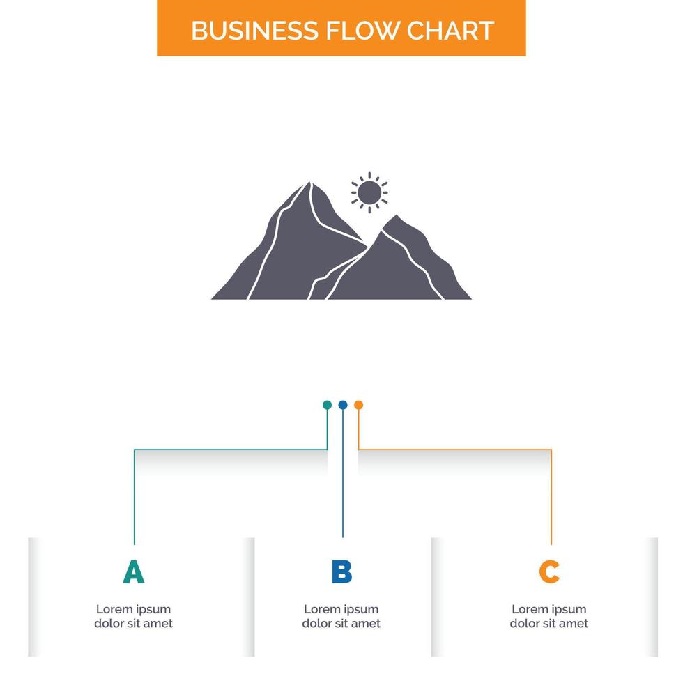 Cerro. paisaje. naturaleza. montaña. diseño de diagrama de flujo de negocios de escena con 3 pasos. icono de glifo para el lugar de plantilla de fondo de presentación para texto. vector