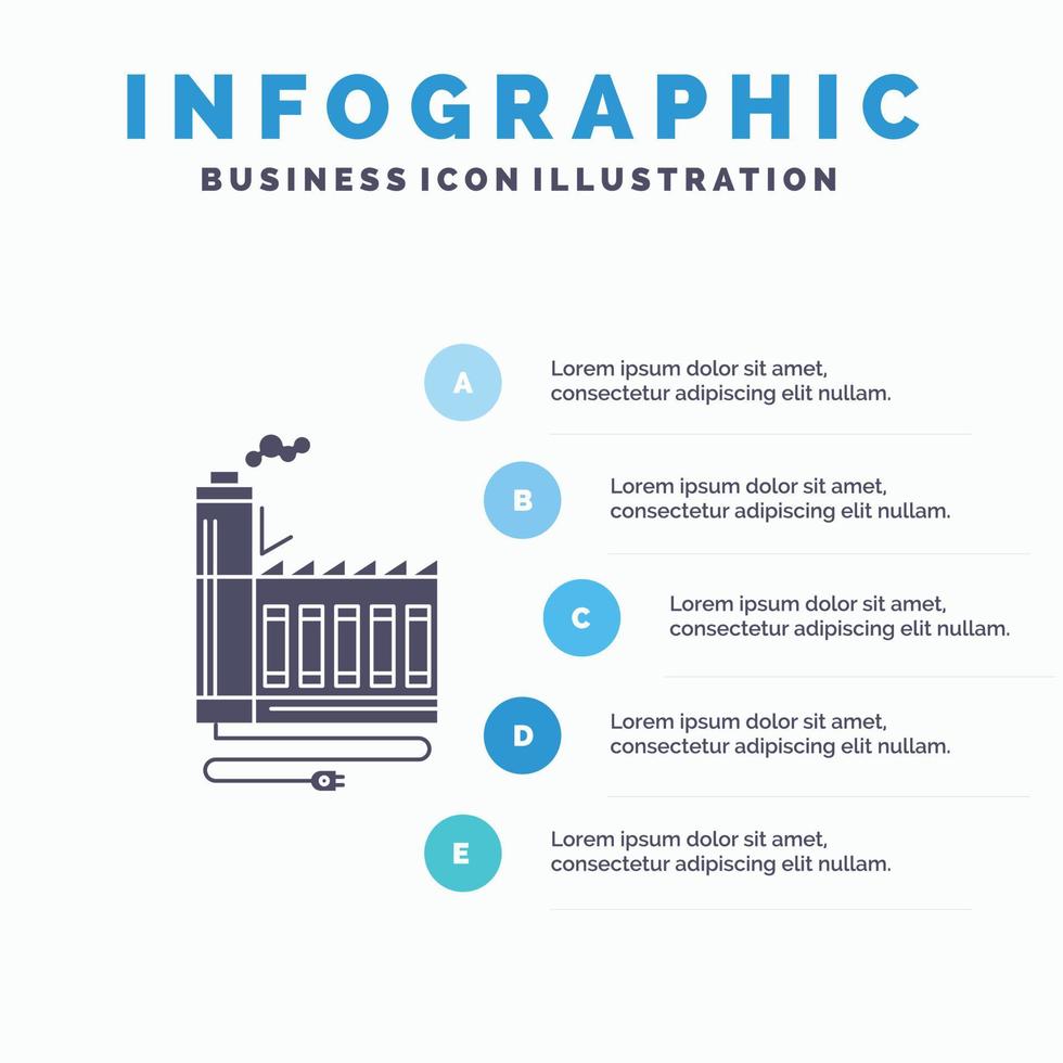 consumo. recurso. energía. fábrica. plantilla de infografía de fabricación para sitio web y presentación. icono de glifo gris con ilustración de vector de estilo infográfico azul.