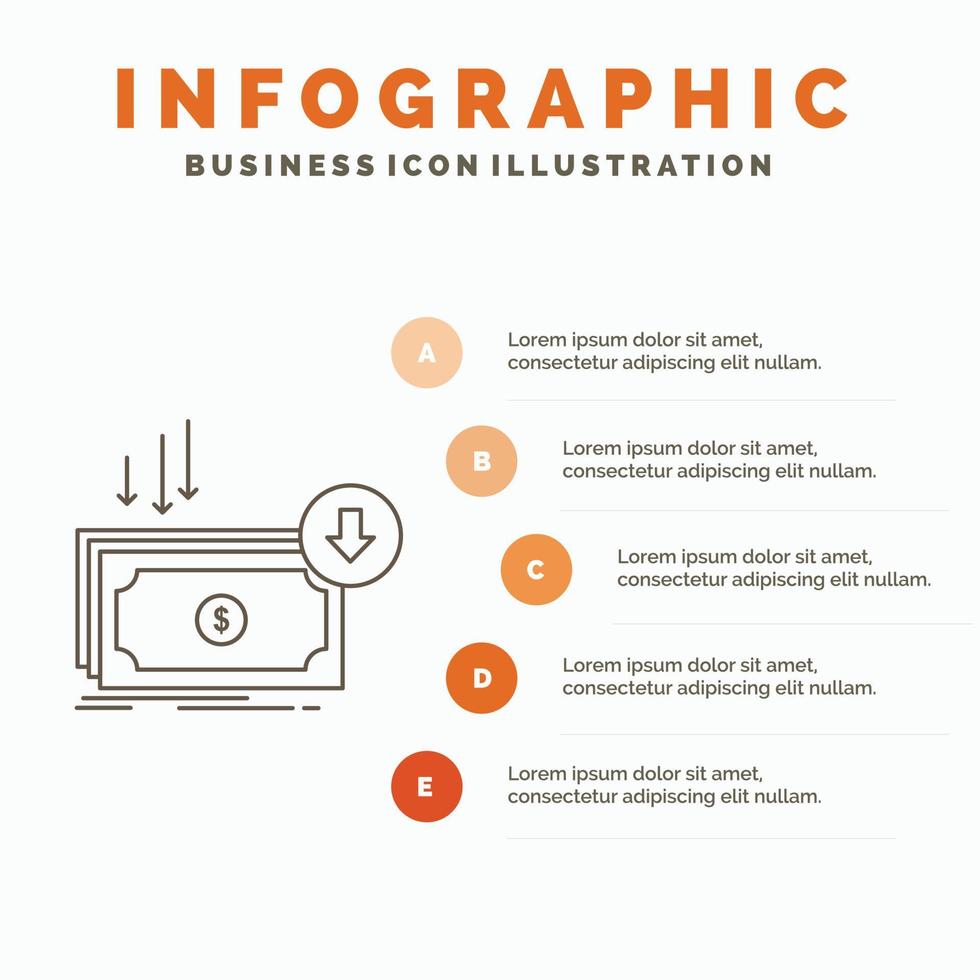 negocio. costo. Corte. gastos. Finanzas. plantilla de infografía de dinero para sitio web y presentación. icono de línea gris con ilustración de vector de estilo infográfico naranja