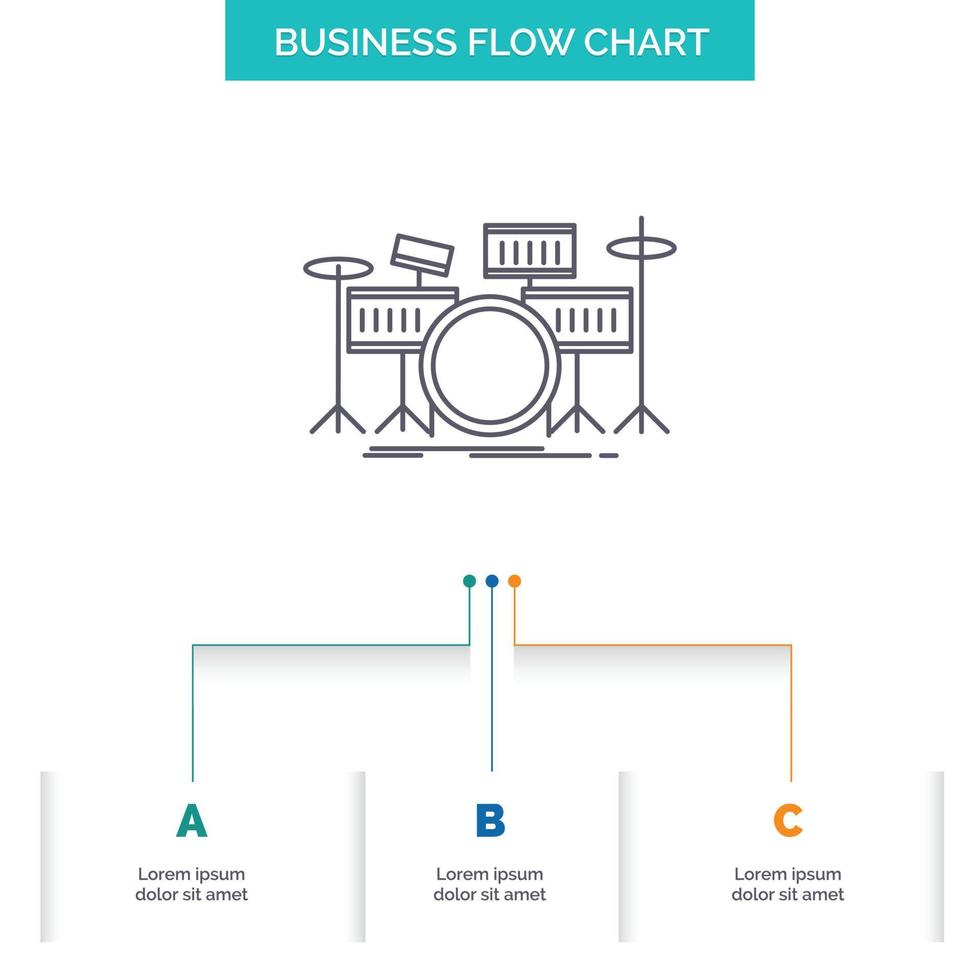 drum. drums. instrument. kit. musical Business Flow Chart Design with 3 Steps. Line Icon For Presentation Background Template Place for text vector