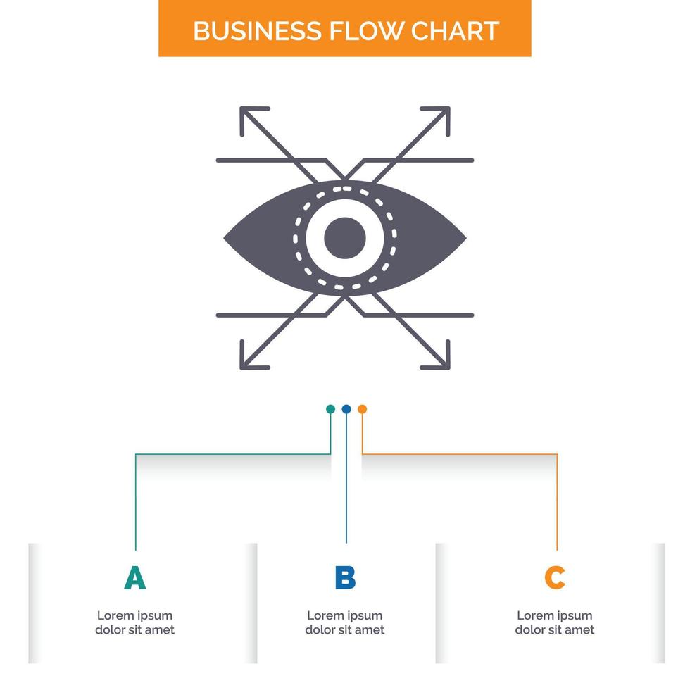 Business. eye. look. vision Business Flow Chart Design with 3 Steps. Glyph Icon For Presentation Background Template Place for text. vector