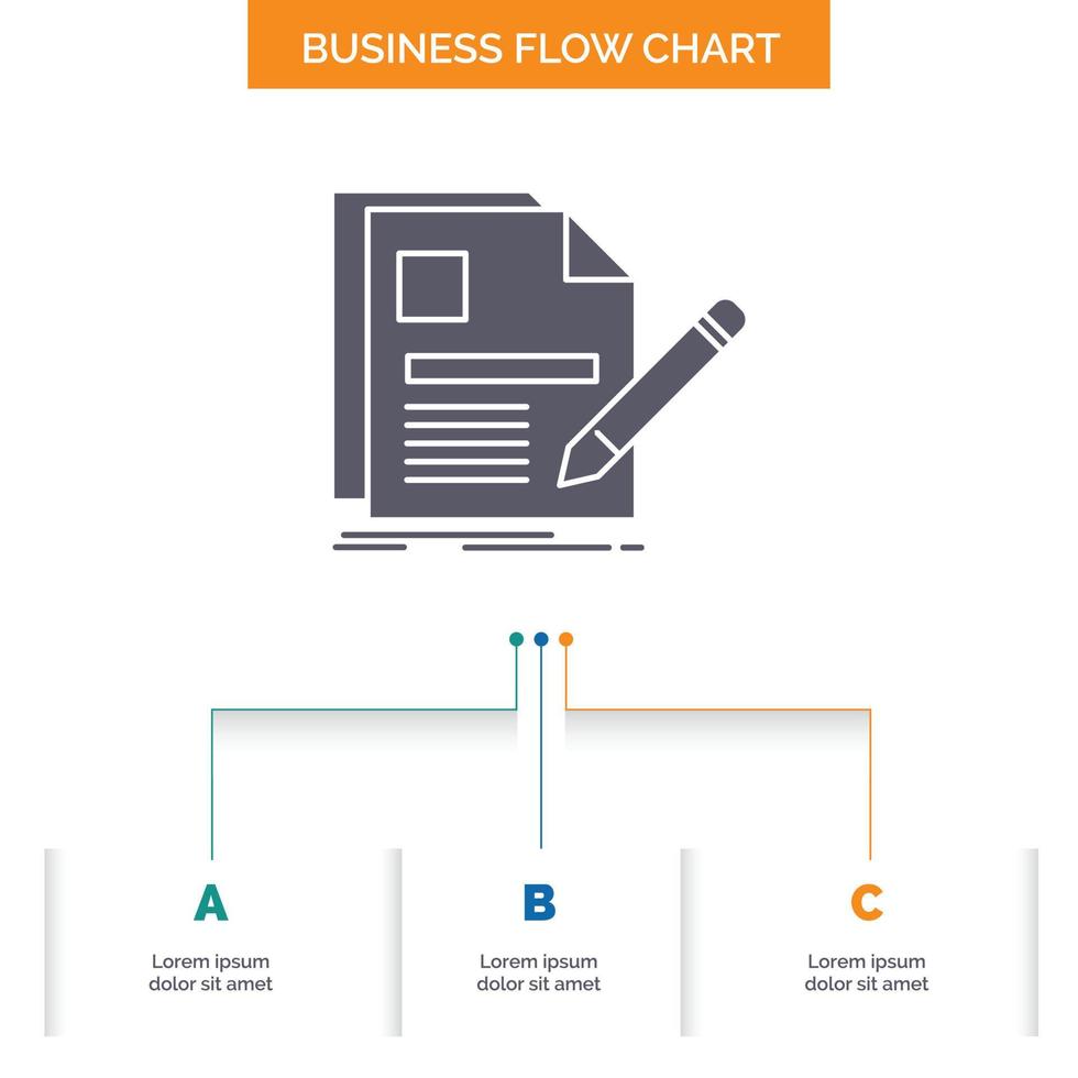 document. file. page. pen. Resume Business Flow Chart Design with 3 Steps. Glyph Icon For Presentation Background Template Place for text. vector