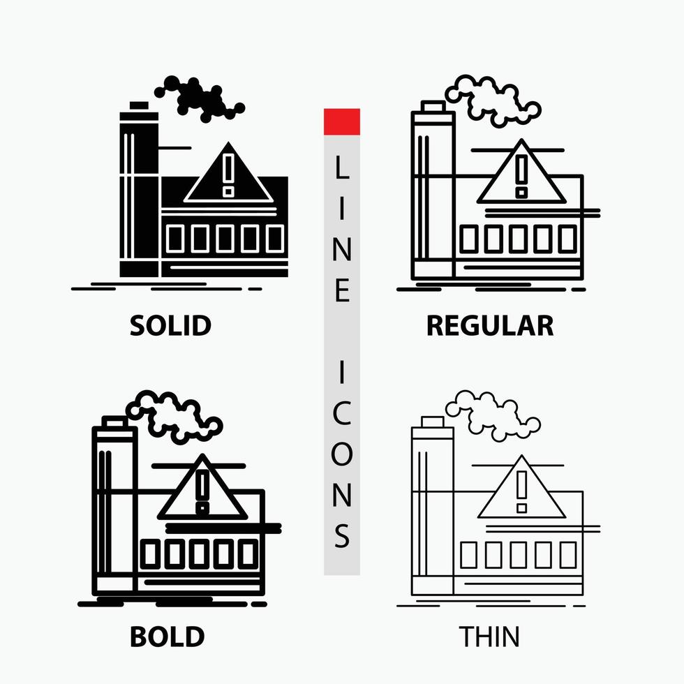 pollution. Factory. Air. Alert. industry Icon in Thin. Regular. Bold Line and Glyph Style. Vector illustration