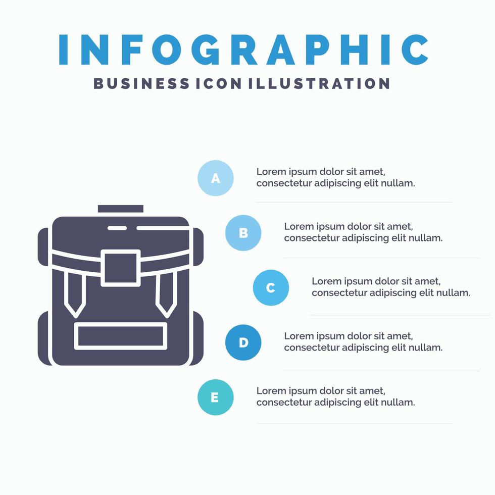 bolsa. cámping. cremallera. senderismo. plantilla de infografía de equipaje para sitio web y presentación. icono de glifo gris con ilustración de vector de estilo infográfico azul.