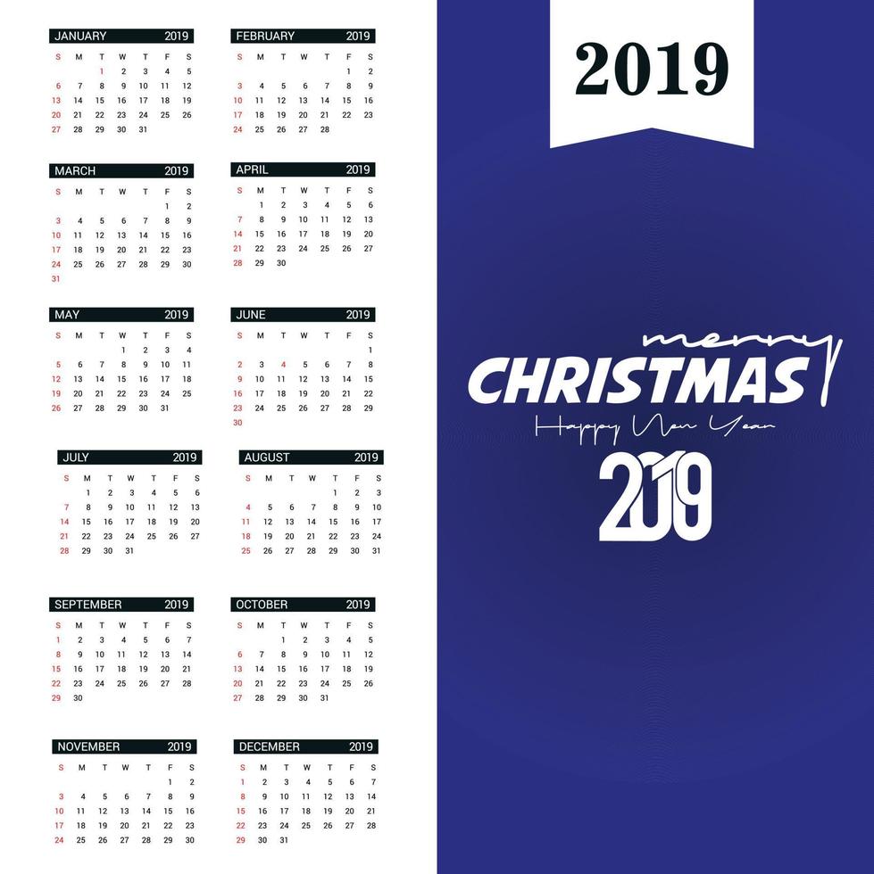 2019 Calendar template. Christmas and Happy new Year Background vector