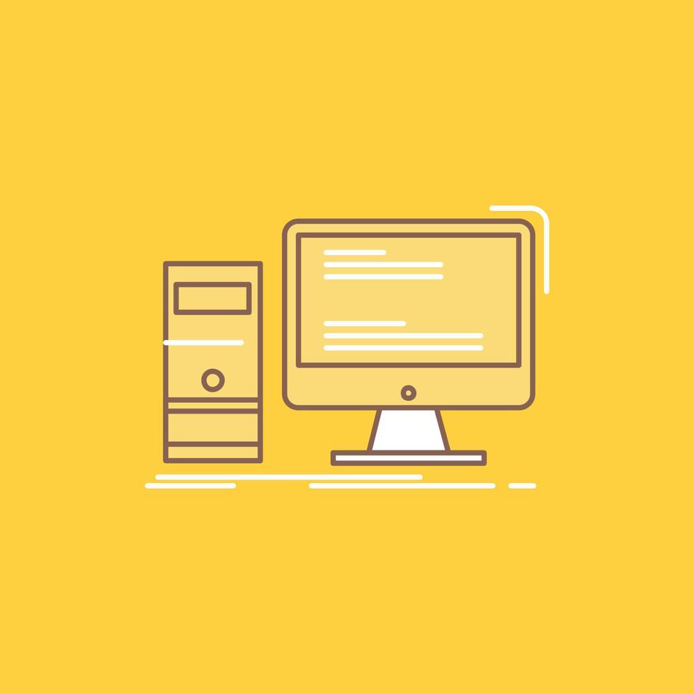 Computer. desktop. gaming. pc. personal Flat Line Filled Icon. Beautiful Logo button over yellow background for UI and UX. website or mobile application vector