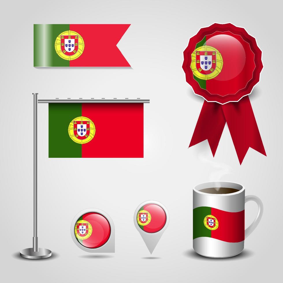 Portugal Country Flag place on Map Pin. Steel Pole and Ribbon Badge Banner vector