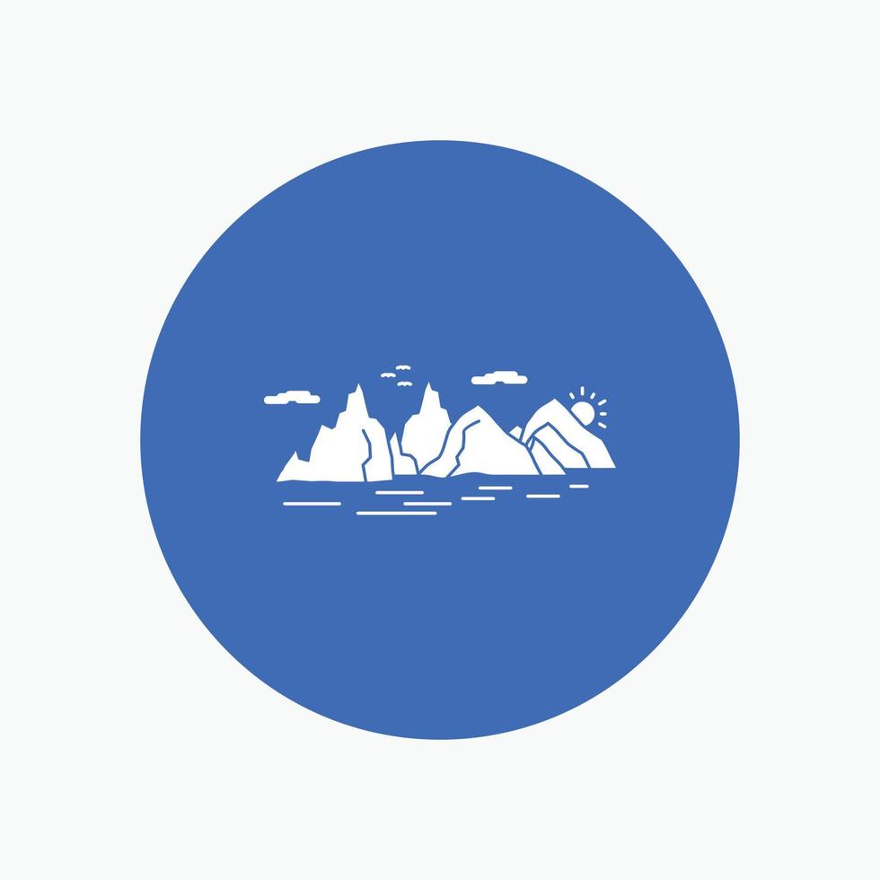 montaña. Cerro. paisaje. naturaleza. icono de glifo blanco de acantilado en círculo. ilustración de botón de vector