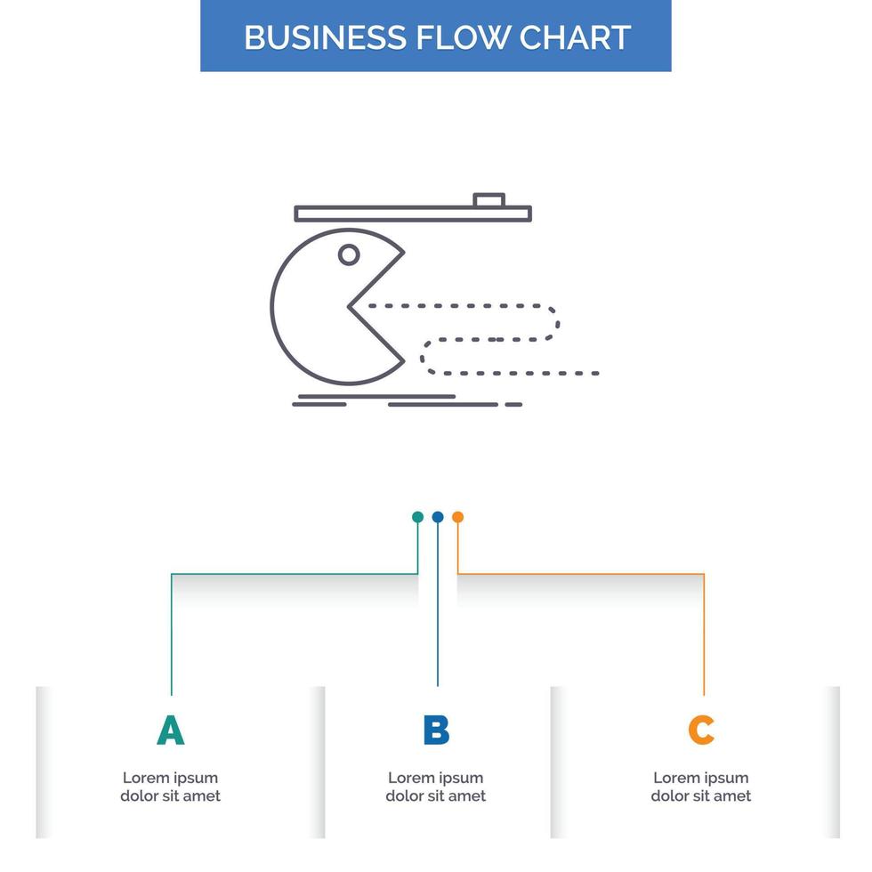 Character. computer. game. gaming. pacman Business Flow Chart Design with 3 Steps. Line Icon For Presentation Background Template Place for text vector