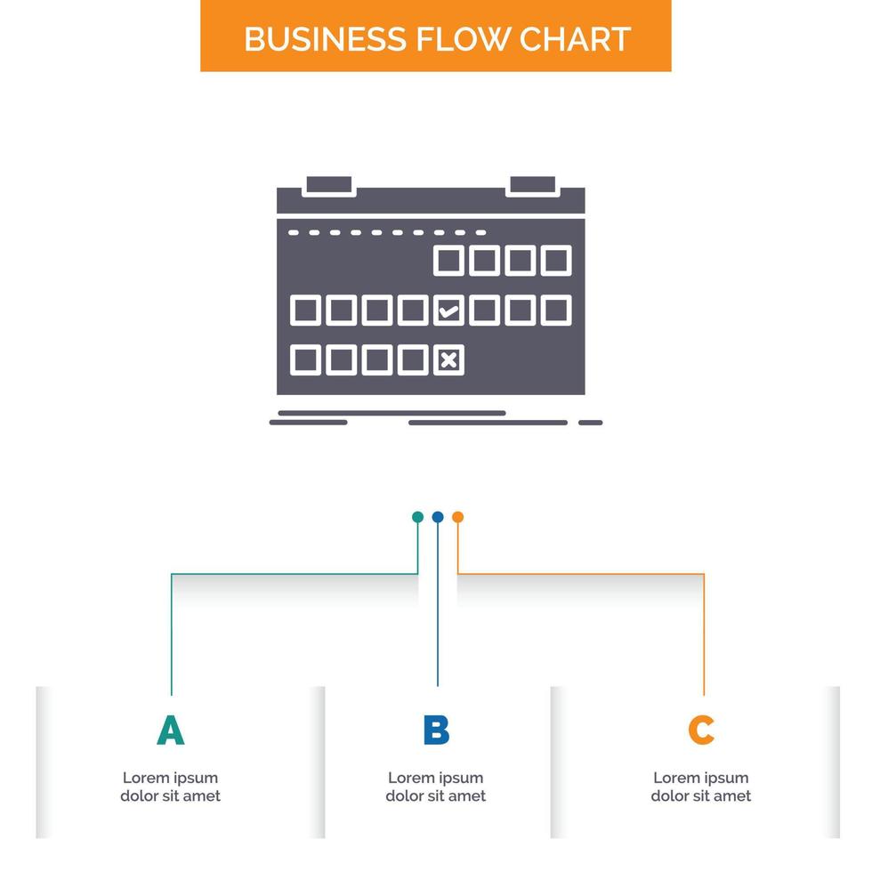 calendario. fecha. evento. liberar. programe el diseño del diagrama de flujo empresarial con 3 pasos. icono de glifo para el lugar de plantilla de fondo de presentación para texto. vector