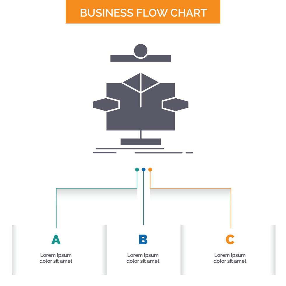 algoritmo. cuadro. datos. diagrama. diseño de diagrama de flujo de negocio de flujo con 3 pasos. icono de glifo para el lugar de plantilla de fondo de presentación para texto. vector