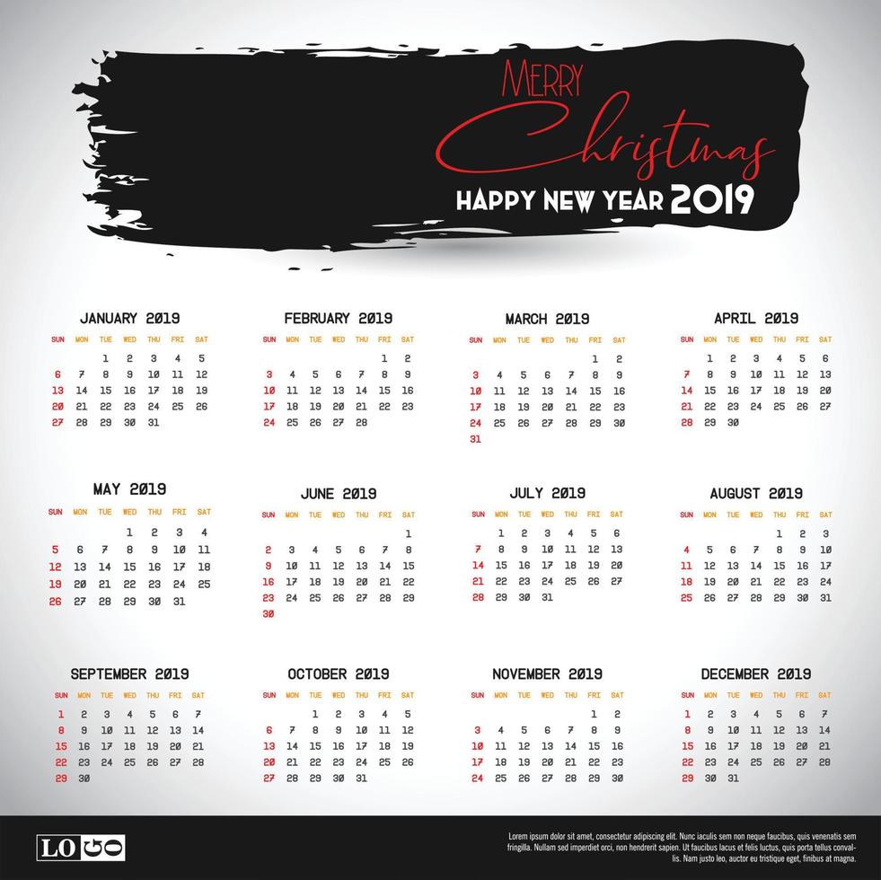 2019 Calendar template. Christmas and Happy new Year Background vector