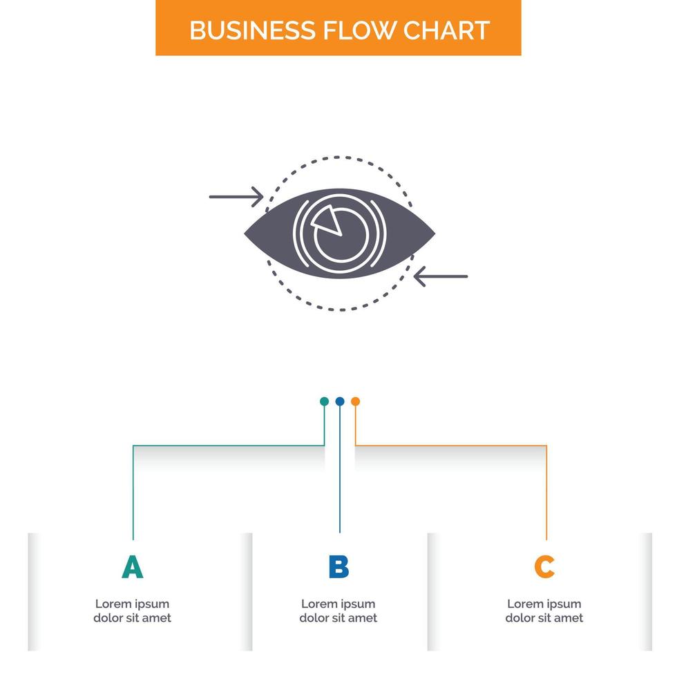 negocio. ojo. marketing. visión. planifique el diseño del diagrama de flujo empresarial con 3 pasos. icono de glifo para el lugar de plantilla de fondo de presentación para texto. vector