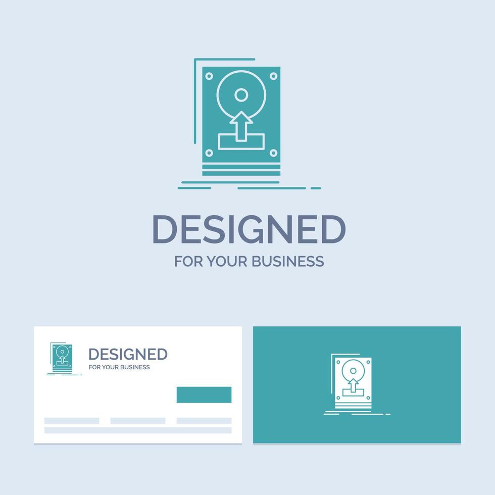 install. drive. hdd. save. upload Business Logo Glyph Icon Symbol for your business. Turquoise Business Cards with Brand logo template. vector