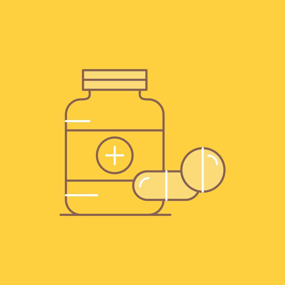 medicamento. píldora. cápsula. drogas icono lleno de línea plana de tableta. hermoso botón de logotipo sobre fondo amarillo para ui y ux. sitio web o aplicación móvil vector