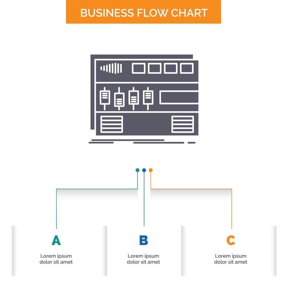 Audio. mastering. module. rackmount. sound Business Flow Chart Design with 3 Steps. Glyph Icon For Presentation Background Template Place for text. vector