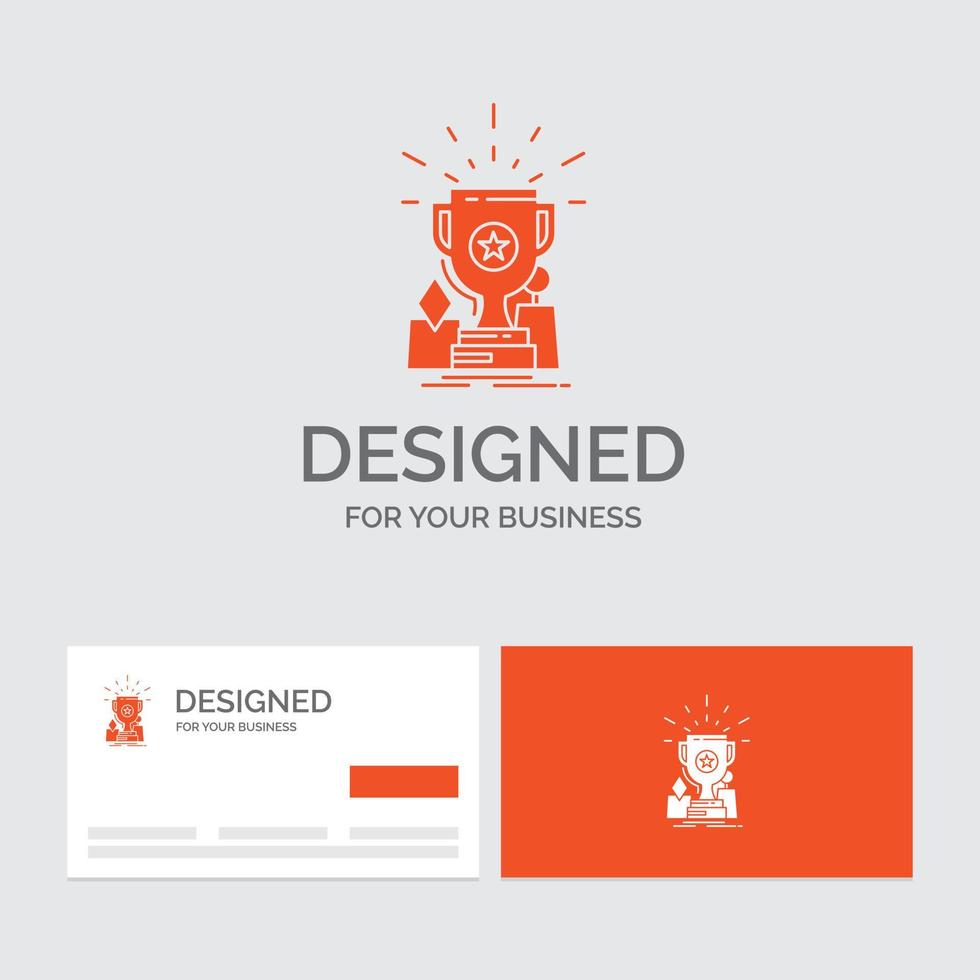 Business logo template for Achievement. award. cup. prize. trophy. Orange Visiting Cards with Brand logo template. vector