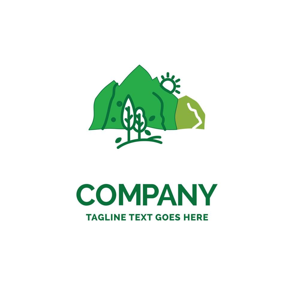 hill. landscape. nature. mountain. tree Flat Business Logo template. Creative Green Brand Name Design. vector