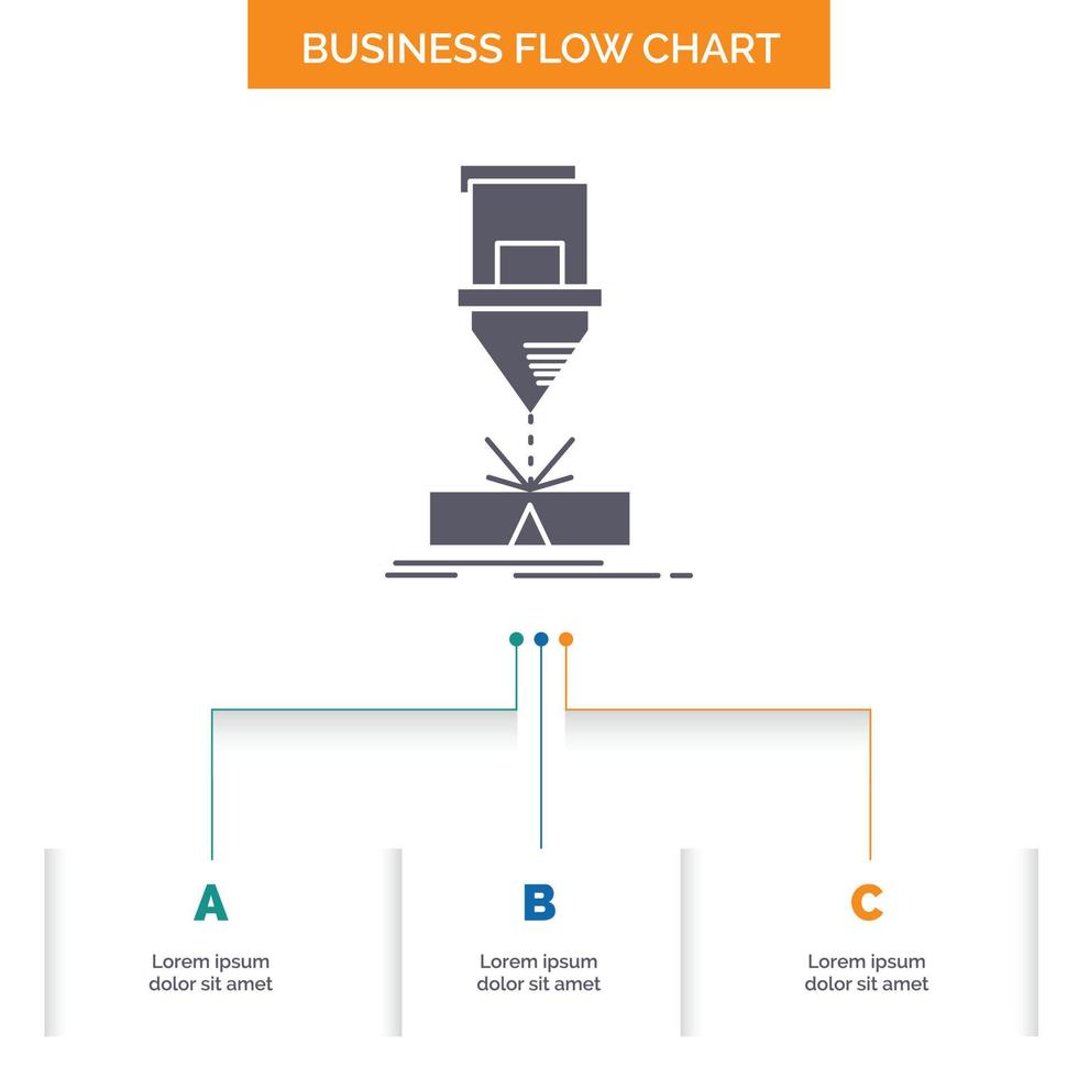 corte. ingeniería. fabricación. láser. diseño de diagrama de flujo de negocios de acero con 3 pasos. icono de glifo para el lugar de plantilla de fondo de presentación para texto. vector