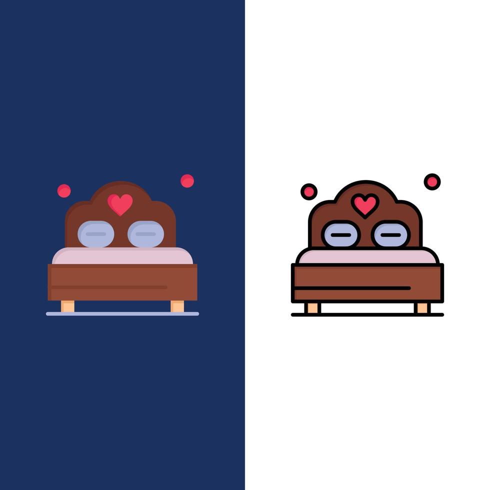 cama amor corazón boda iconos plano y línea llena icono conjunto vector fondo azul