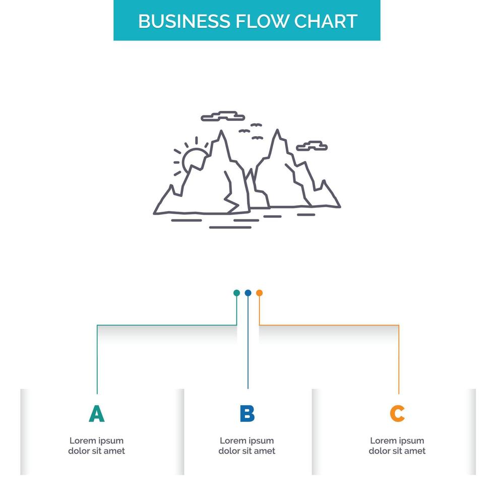 Mountain. hill. landscape. nature. sun Business Flow Chart Design with 3 Steps. Line Icon For Presentation Background Template Place for text vector