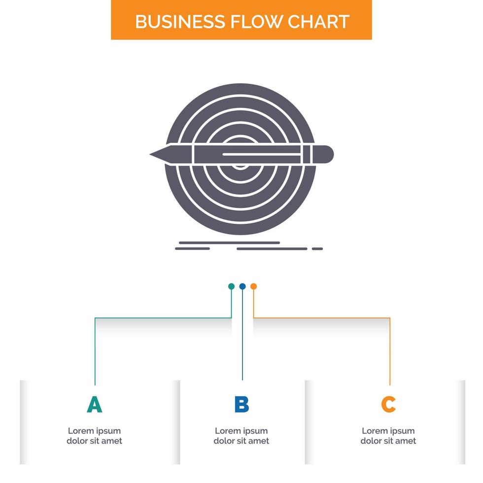 Design. goal. pencil. set. target Business Flow Chart Design with 3 Steps. Glyph Icon For Presentation Background Template Place for text. vector