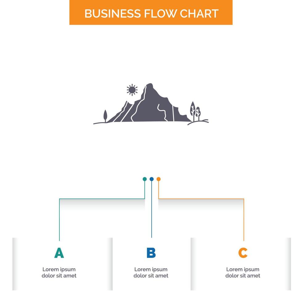 mountain. landscape. hill. nature. tree Business Flow Chart Design with 3 Steps. Glyph Icon For Presentation Background Template Place for text. vector