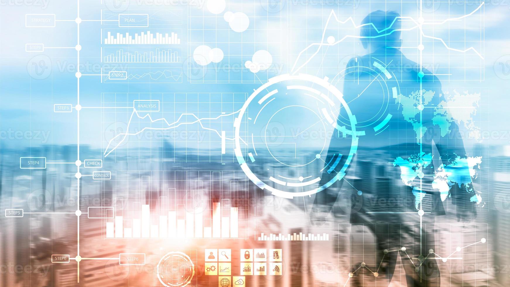 Business intelligence BI Key performance indicator KPI Analysis dashboard transparent blurred background. photo