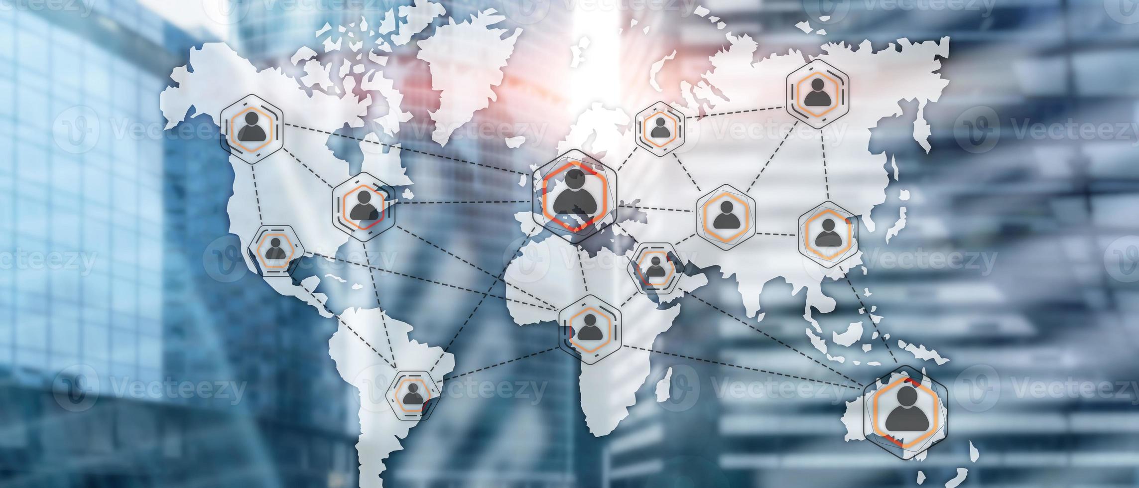 Social network with connected people 3D icons on map. Background for presentations photo