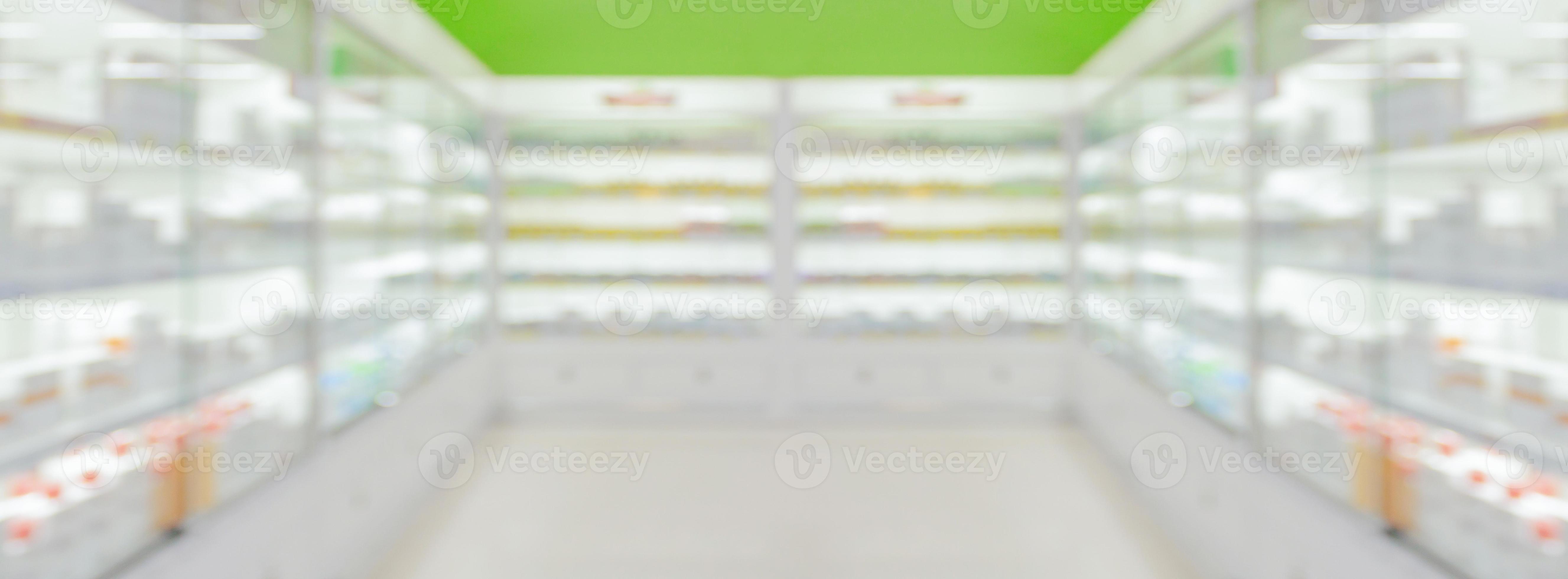 pharmacy drugstore shelves interior blurred abstract panorama