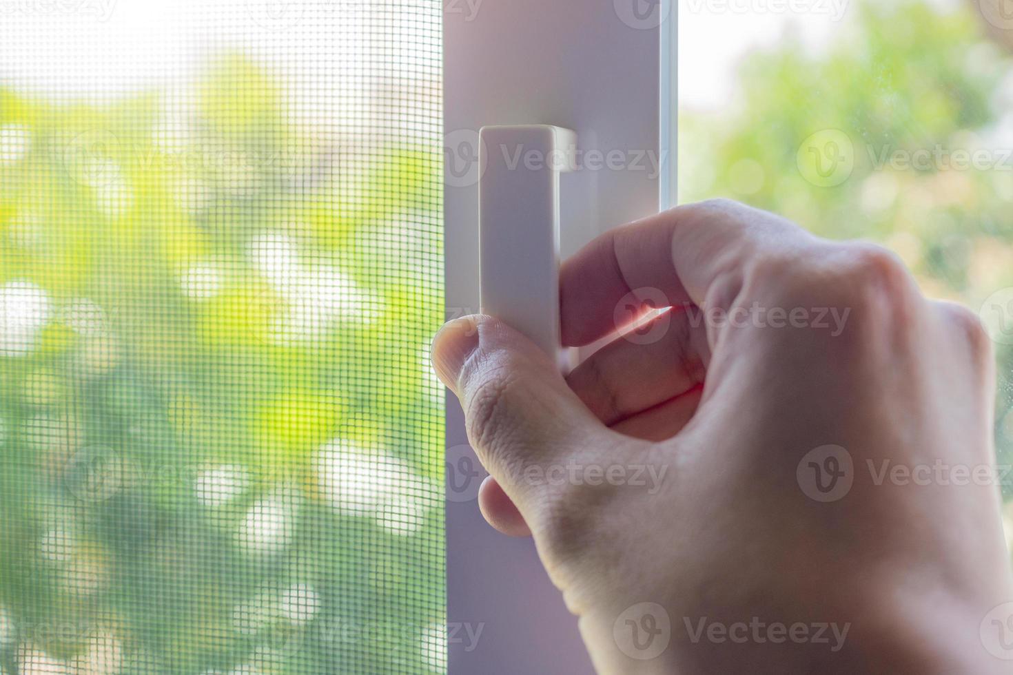Hand hold mosquito net wire screen handle on house window photo