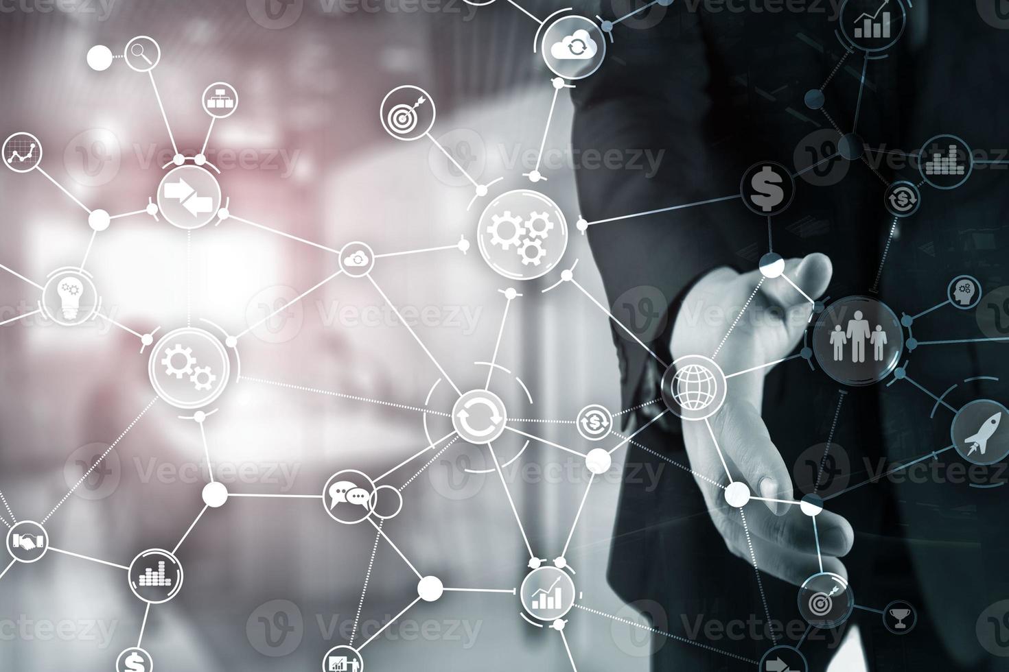 Business process structure industrial workflow diagram automation innovation concept on blurred office. photo