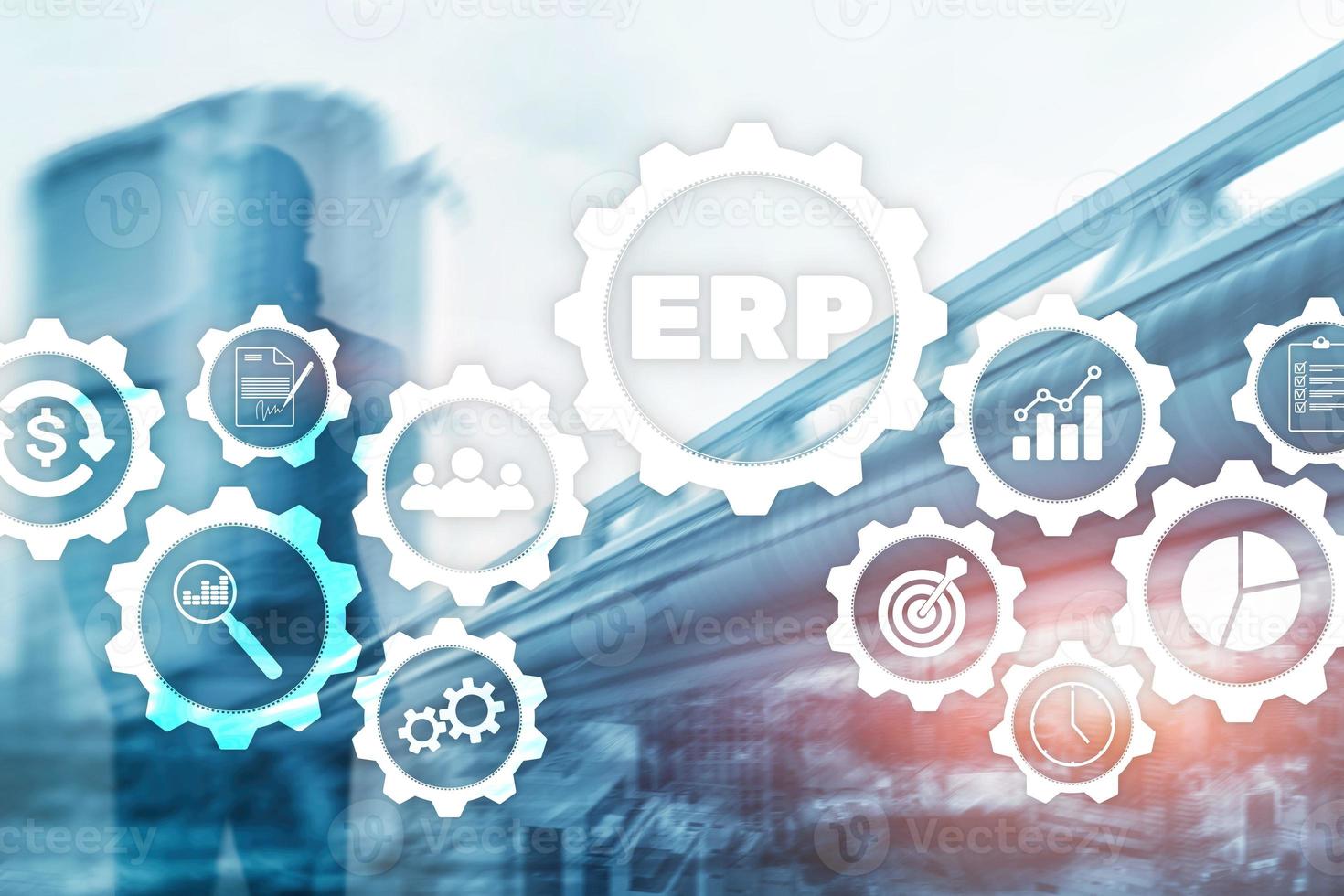 sistema erp, planificación de recursos empresariales en un fondo borroso. concepto de innovación y automatización empresarial foto