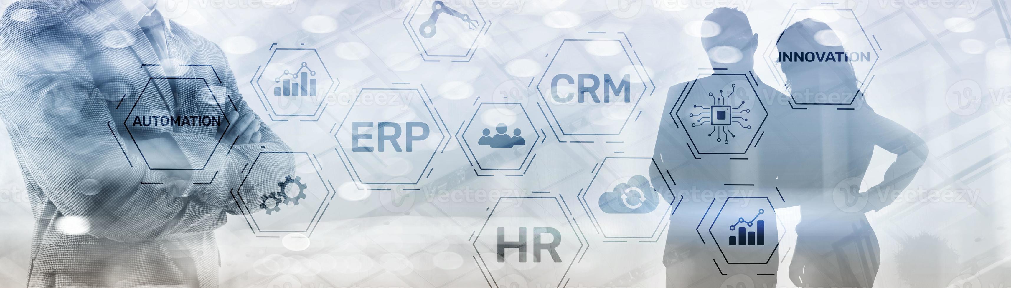 erp crm hr innovación inscripciones e iconos sobre antecedentes comerciales. foto