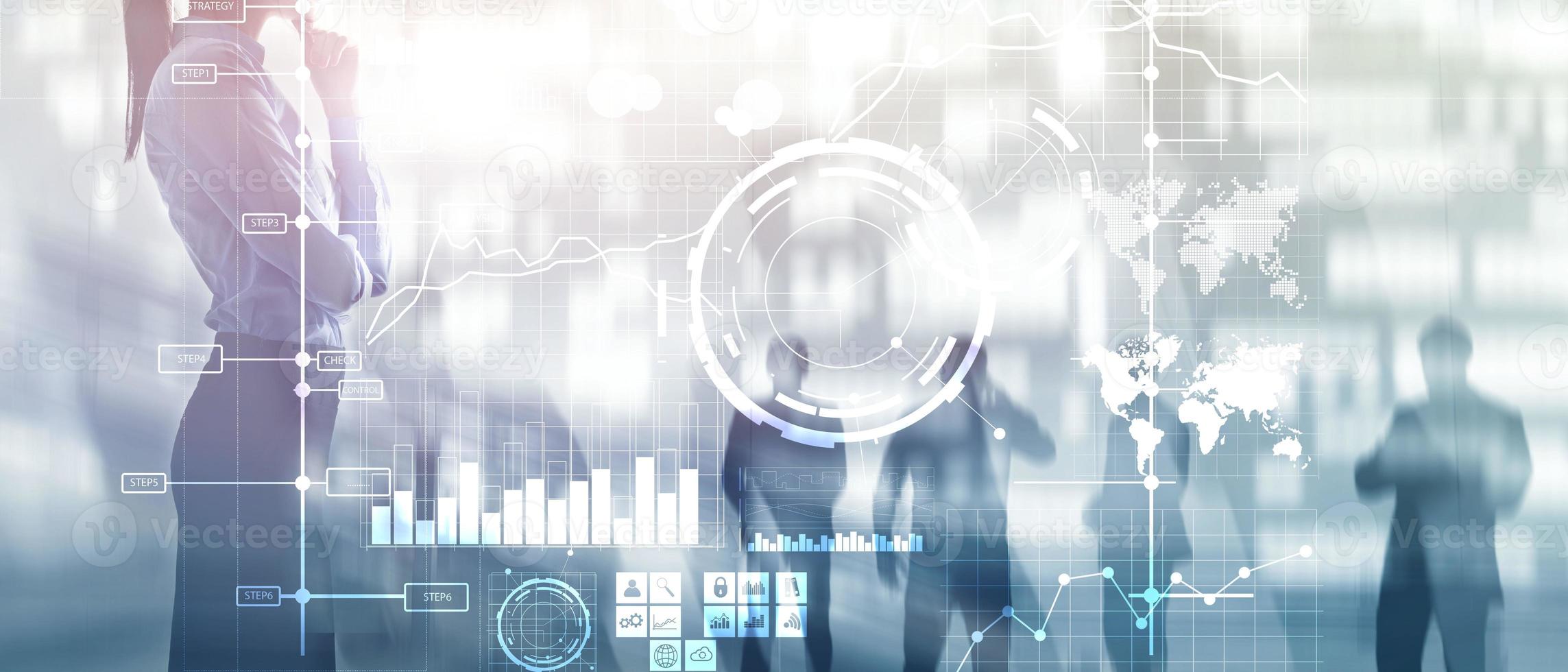 Business intelligence BI Key performance indicator KPI Analysis dashboard transparent blurred background. photo