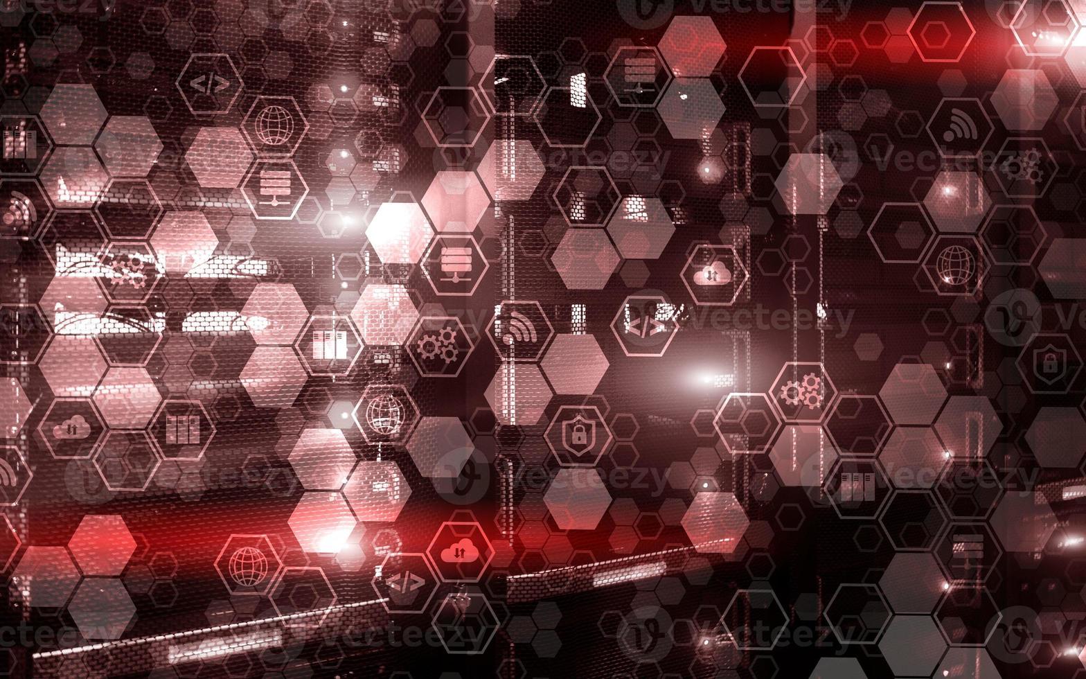 Digital internet connection technology concept. Icons on server rack room background. photo