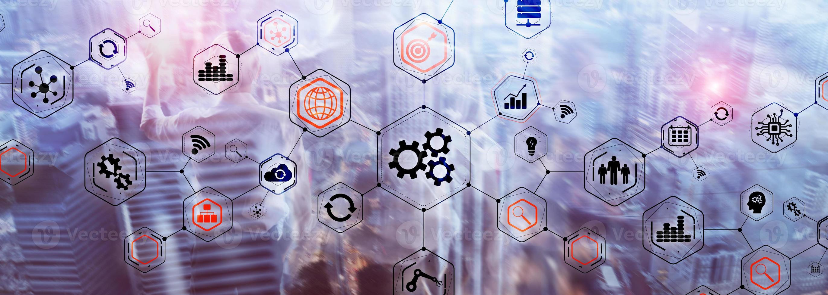 Gears icons engineering manufacturing automation innovation structure abstract concept. photo