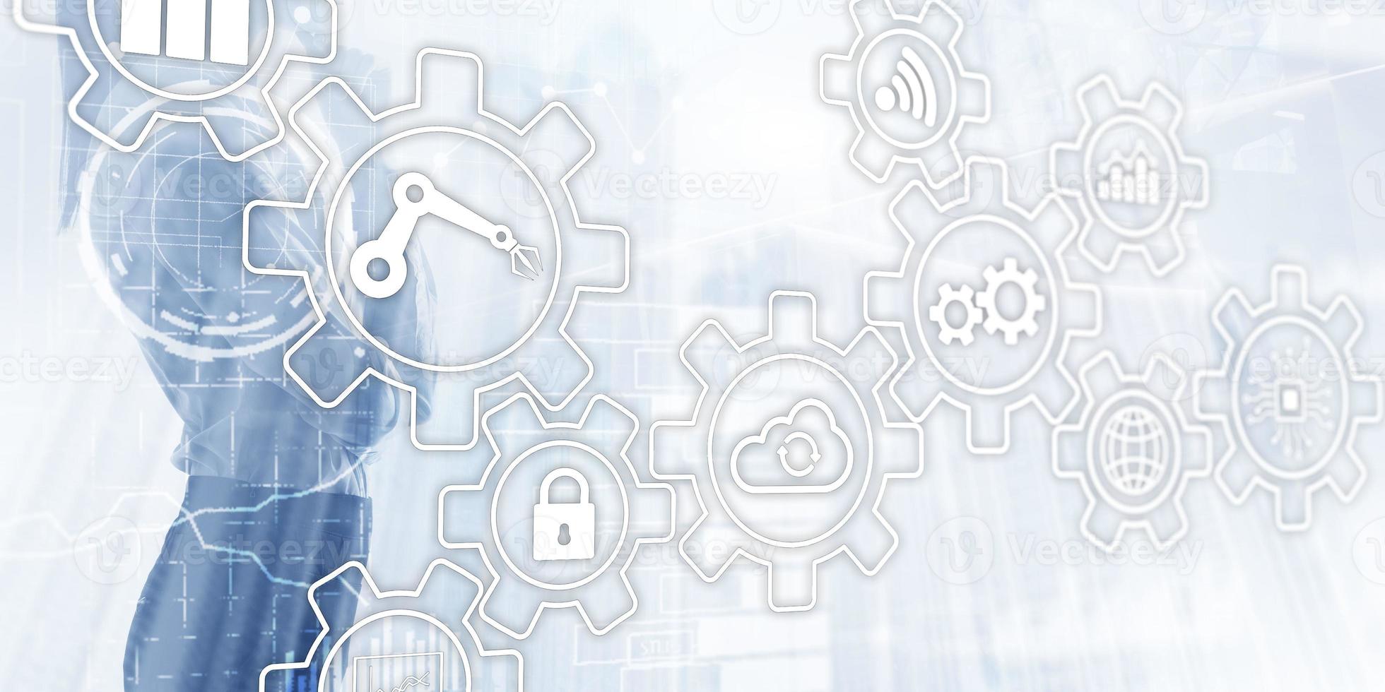 Business process Automation Smart industry Artificial Intelligence. Gears mechanism mixed media. photo